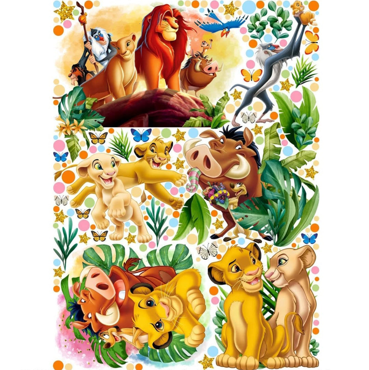 Adesivi murali Re Leone Disney con Simba, Mufasa, Timon e Pumbaa su foglio decorativo per cameretta bambini