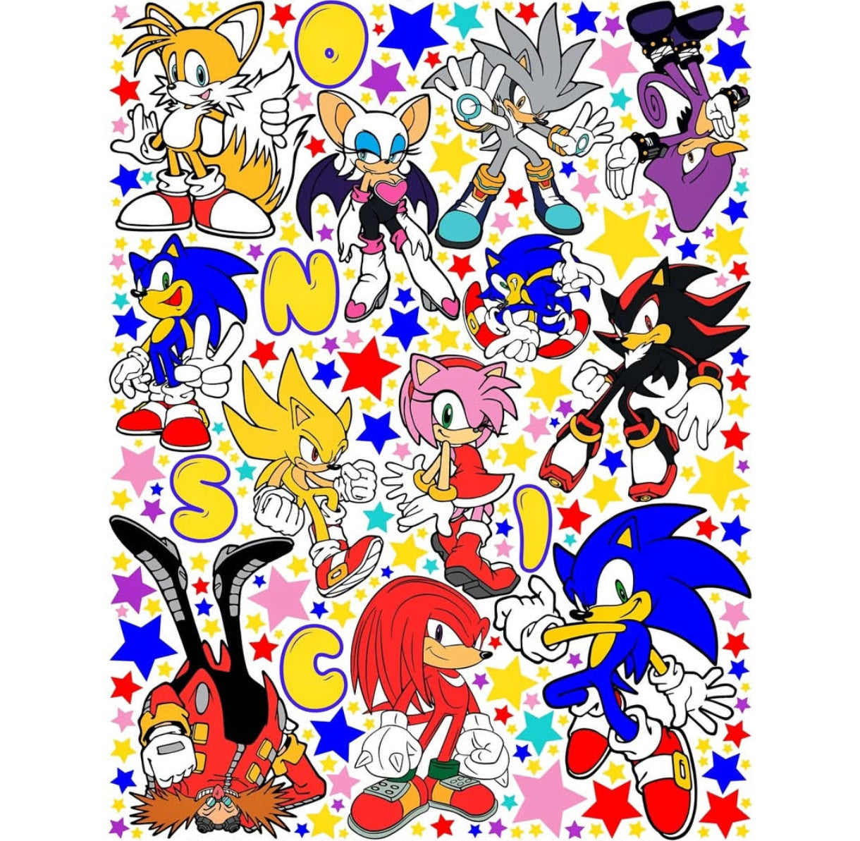 Stickers murali di Sonic con Tails, Knuckles, Amy e Shadow circondati da tantissime stelle colorate per cameretta.