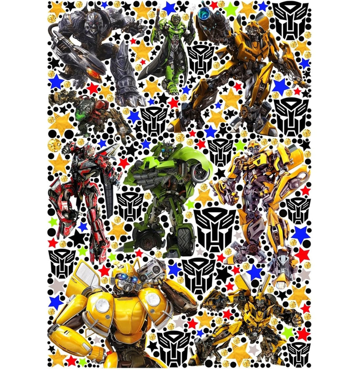 Stickers murali Transformers con Bumblebee in diverse pose, stelle colorate e loghi Autobot per cameretta bimbo