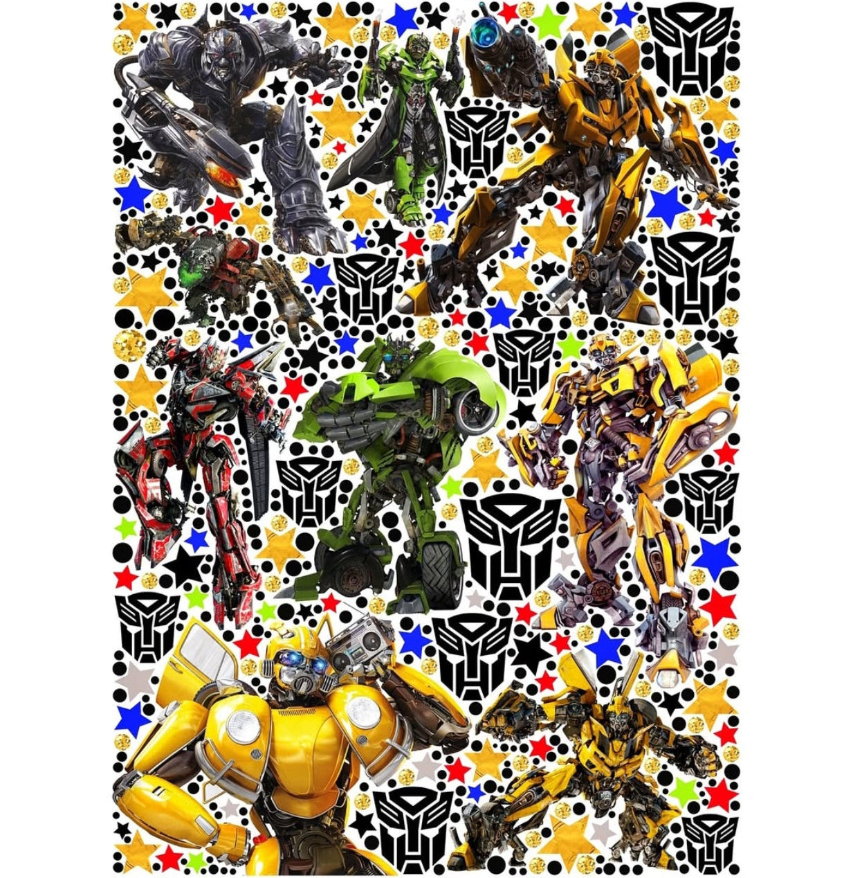 Stickers murali Transformers con Bumblebee in diverse pose, stelle colorate e loghi Autobot per cameretta bimbo