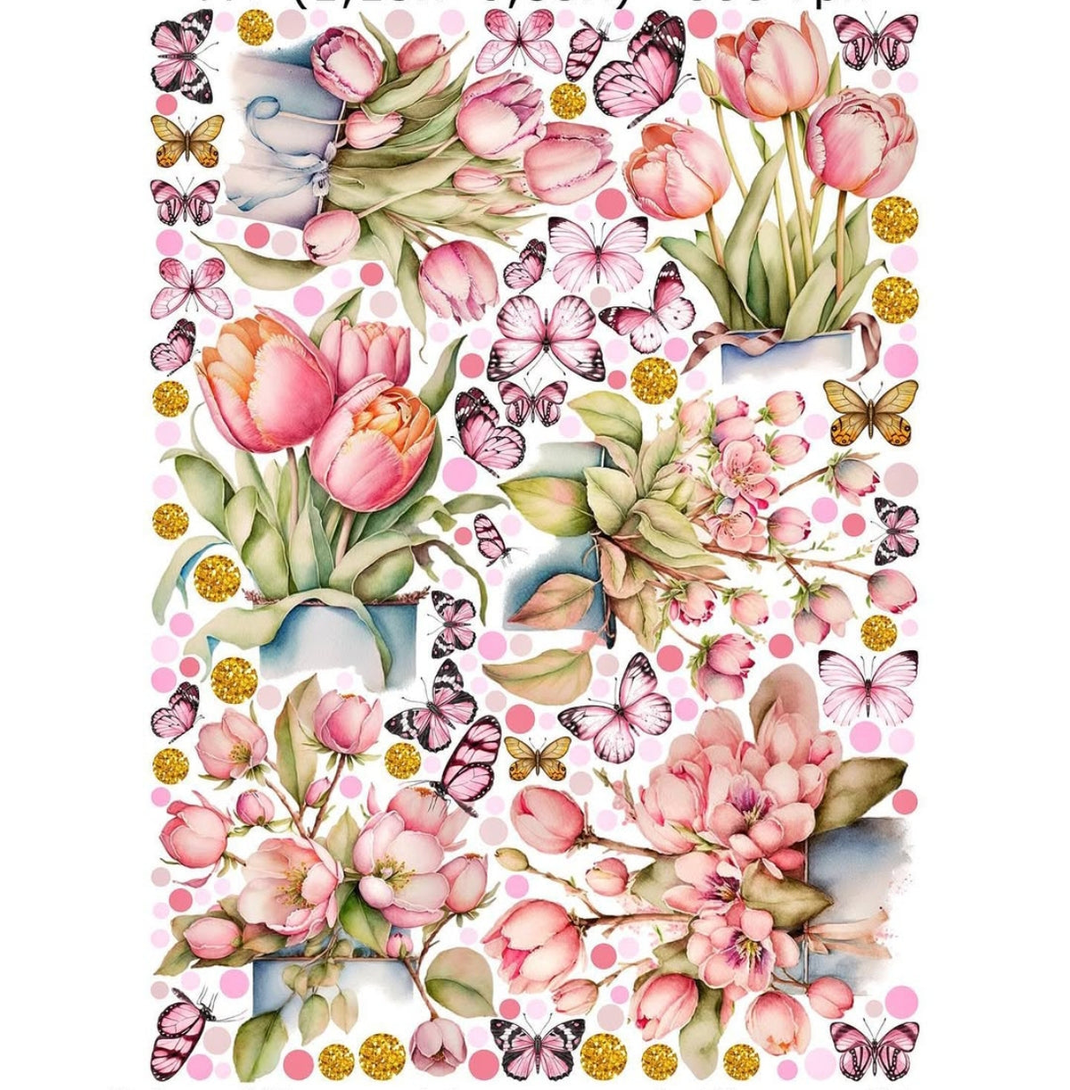 Wall sticker tulipani e fiori di ciliegio rosa gold farfalle cameretta bambina, sticker staccabile