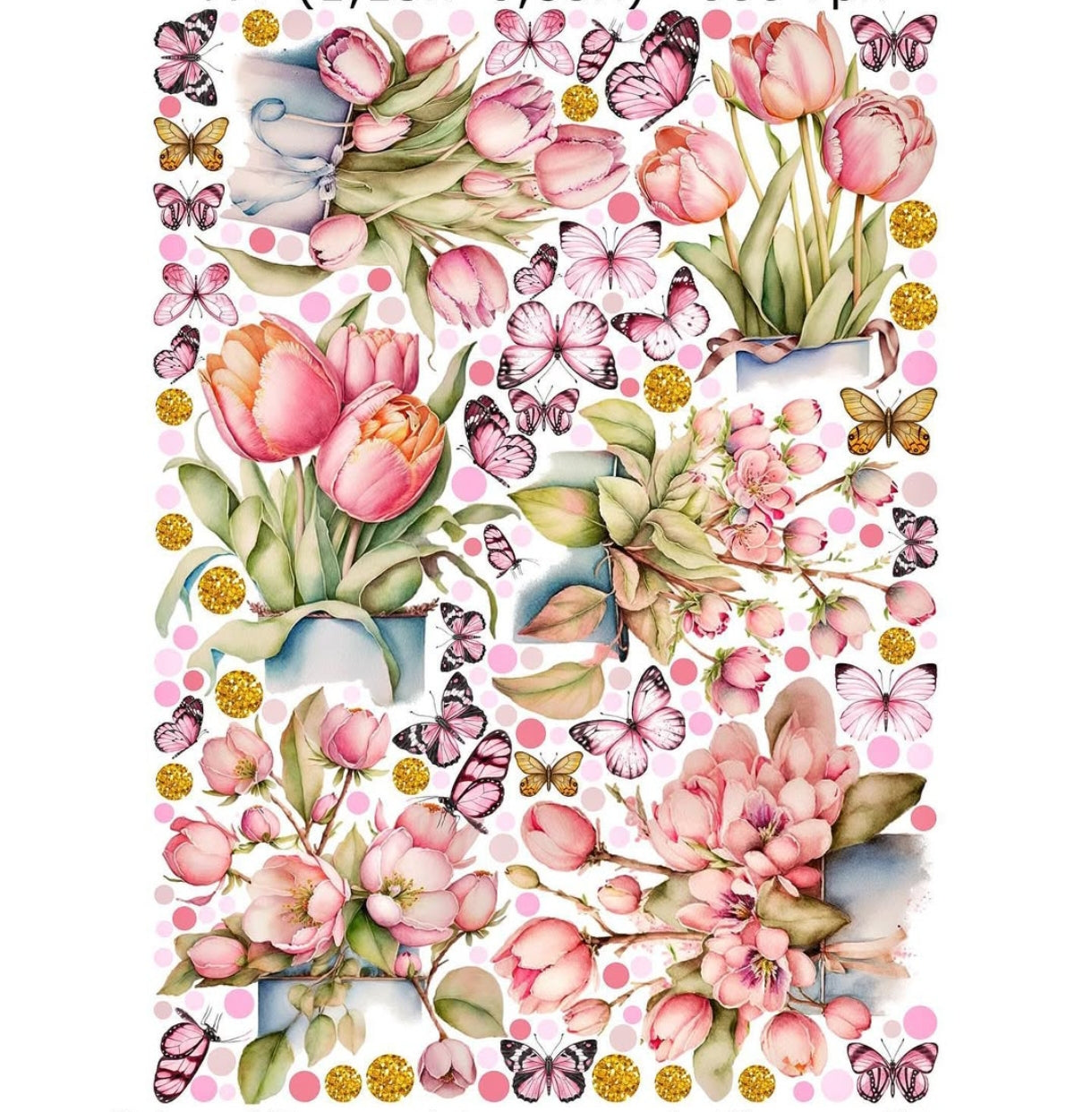 Wall sticker tulipani e fiori di ciliegio rosa gold farfalle cameretta bambina, sticker staccabile