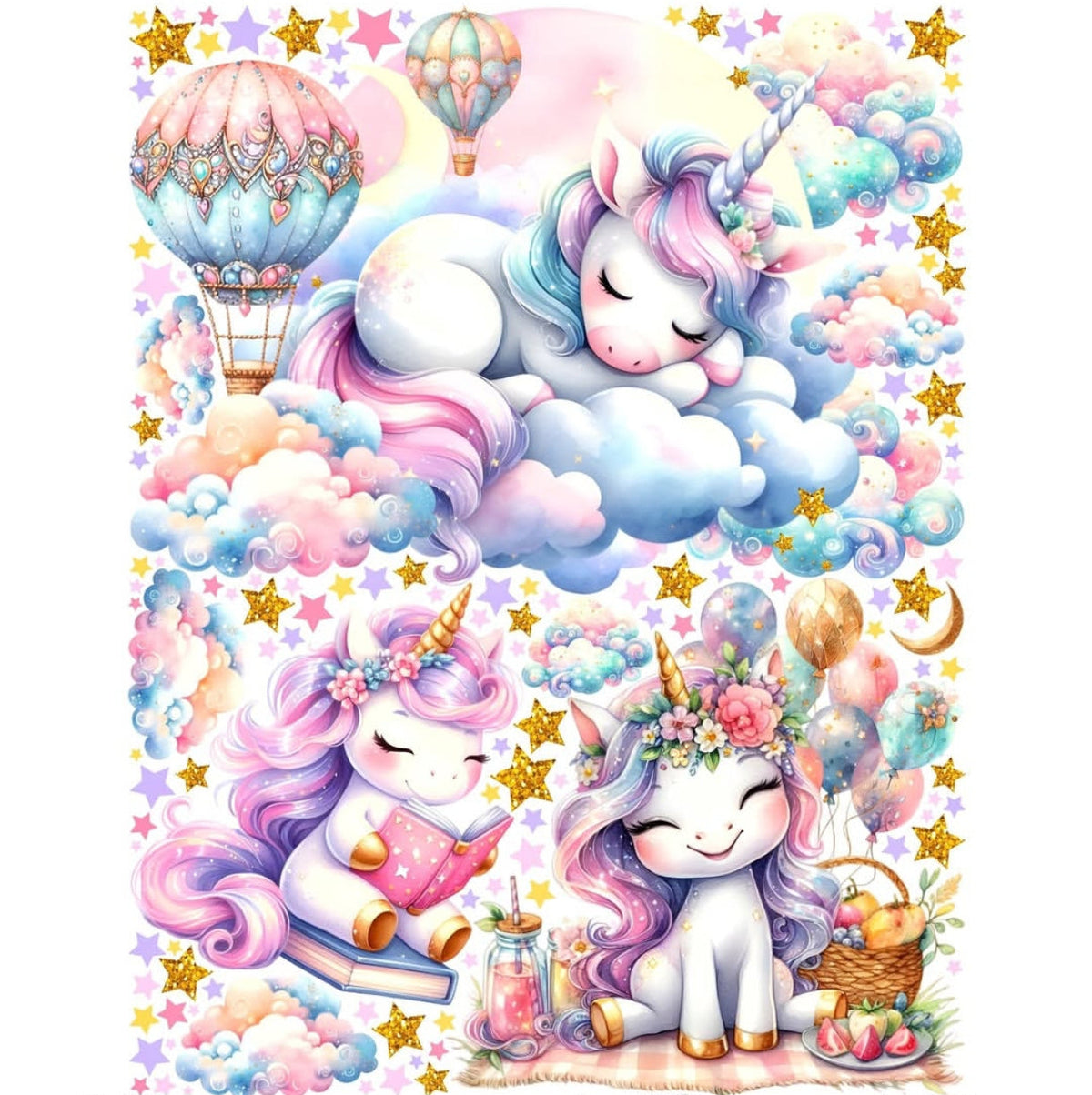 Adesivi murali unicorni kawaii rosa lilla nuvole stelle gold cameretta bambina, wall sticker rimovibile