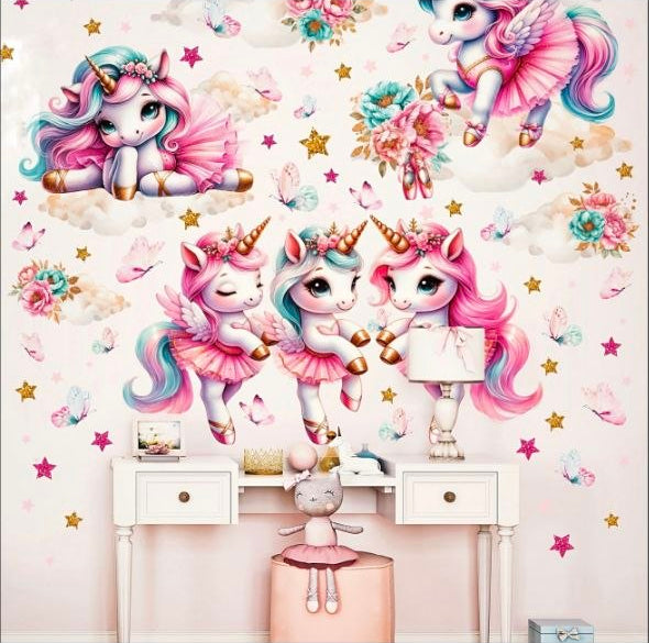 Adesivi murali unicorni ballerina con fiori e stelle dorate per cameretta bambina, sticker parete rosa