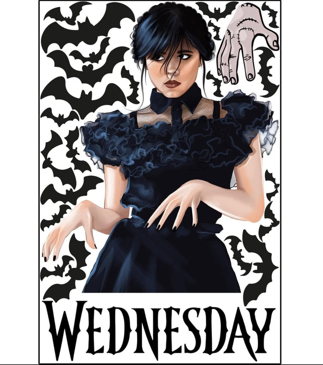 Adesivi murali Wednesday Addams con pipistrelli e Cosa, sticker decorativi parete teen gothic