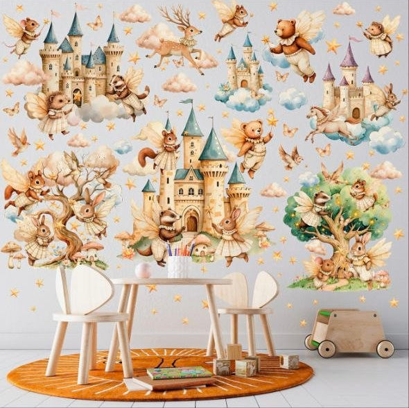 Sticker da muro castelli e animaletti del bosco volanti. Decorazione murale vintage acquerello per stanza neonati.