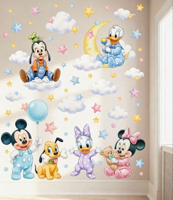 Sticker da muro Disney Baby stile acquerello pastello. Decorazione pareti con Minnie, Pippo e Pluto per stanza bebè.