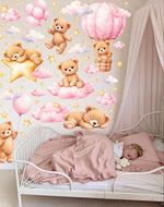 Sticker pareti orsetti con palloncini e stelle. Decorazione murale sopra lettino per stanza bimbi stile Shabby Chic.