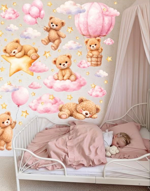 Sticker pareti orsetti con palloncini e stelle. Decorazione murale sopra lettino per stanza bimbi stile Shabby Chic.