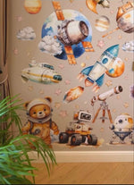 Adesivi murali spazio acquerello: razzi, satelliti, telescopio e orso astronauta. Sticker sistema solare per cameretta.