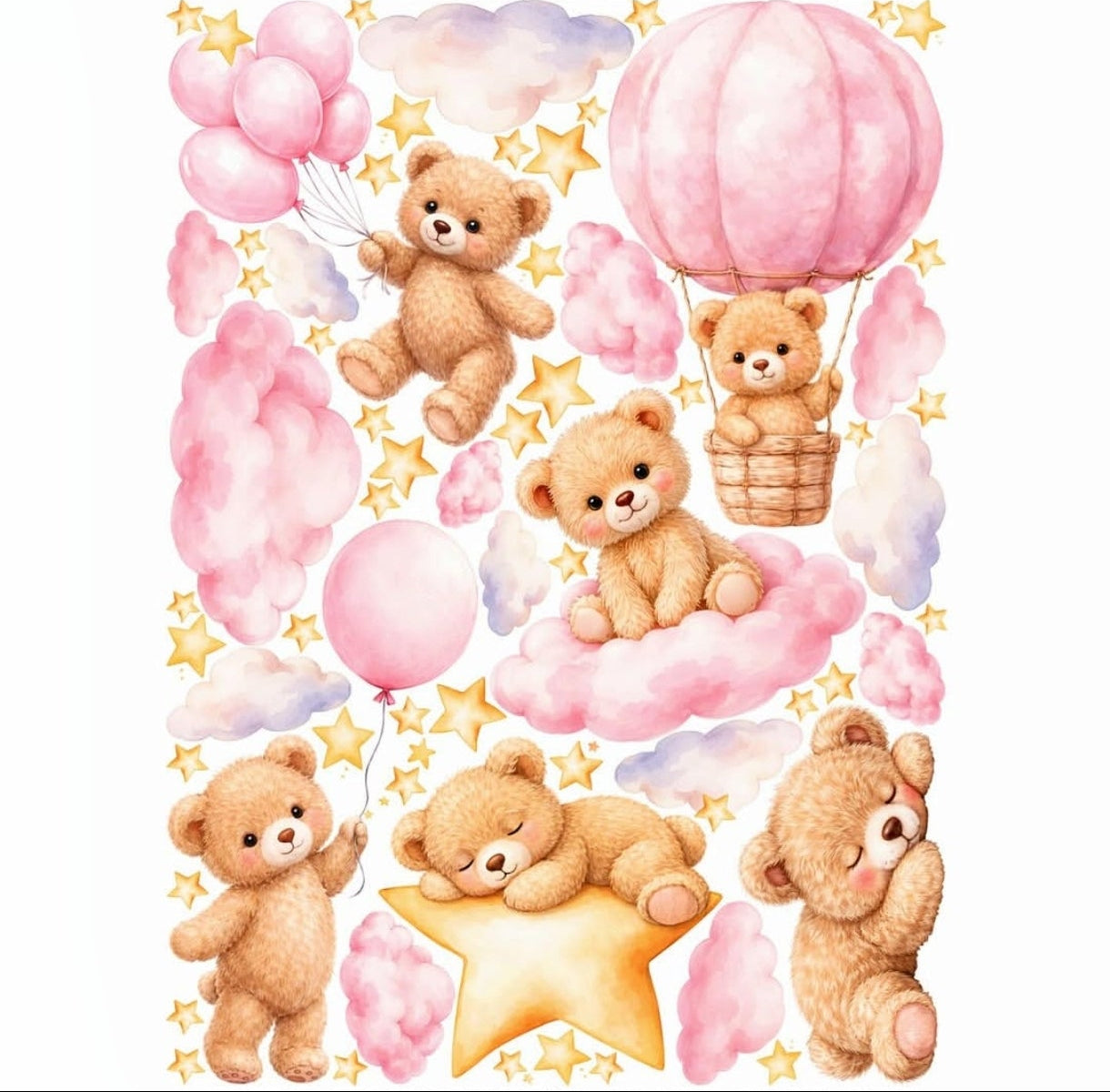 Wall sticker cameretta femminuccia orsetti con mongolfiera rosa palloncini nuvole e stella dorata acquerello