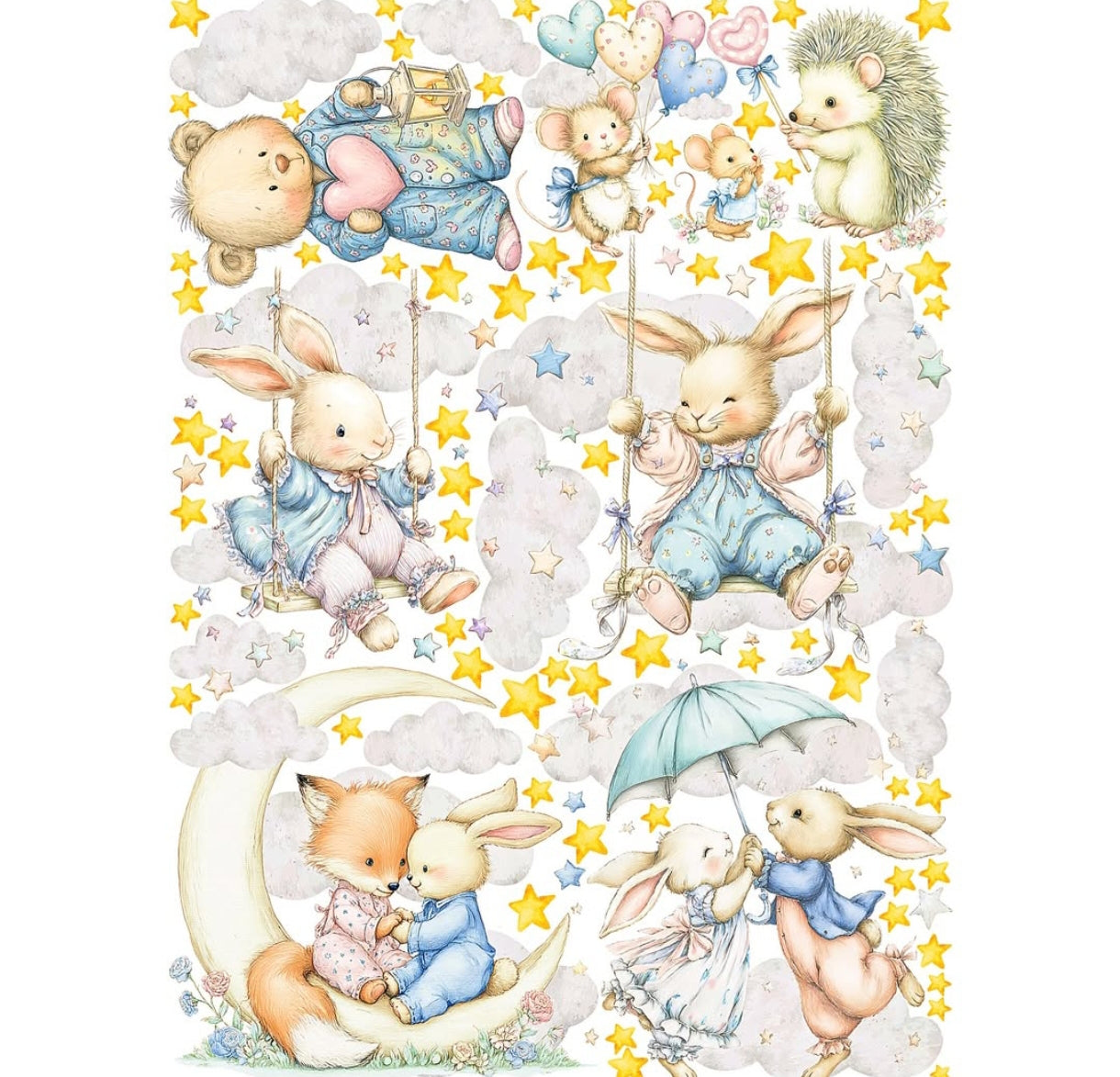 Adesivi murali cuccioli sull altalena luna e stelle acquerello cameretta neonato, wall sticker rimovibile