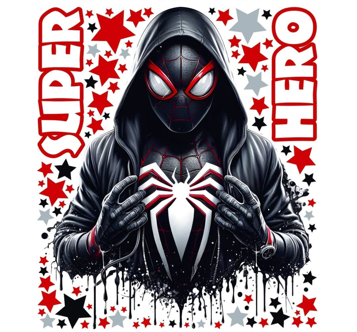 Adesivo murale con Spider-Man versione dark in tuta nera e rossa tra stelle rosse e nere perfetto per cameretta ragazzo