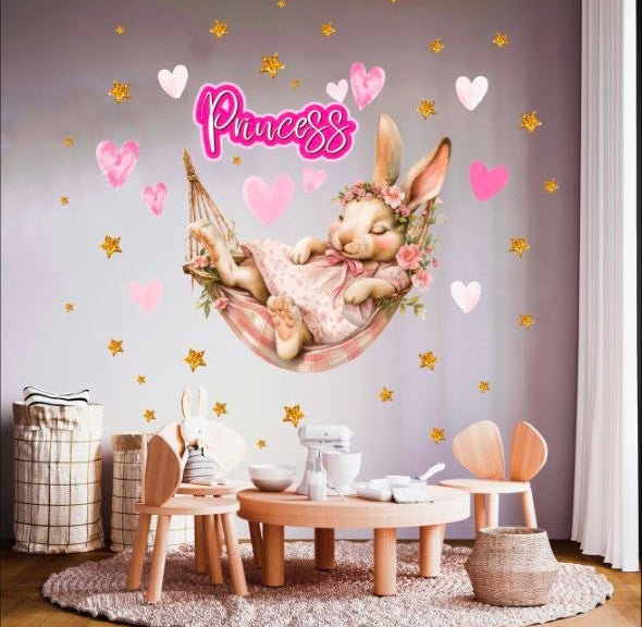 Sticker da muro coniglia stile acquerello con fiori e cuori. Decorazione elegante e romantica per parete stanza bimba.