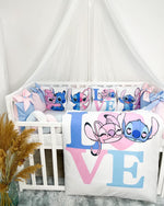 Paracolpi a cuscini per sbarre lettino neonato sfoderabili lavabili con stampe Disney Stitch e Angel