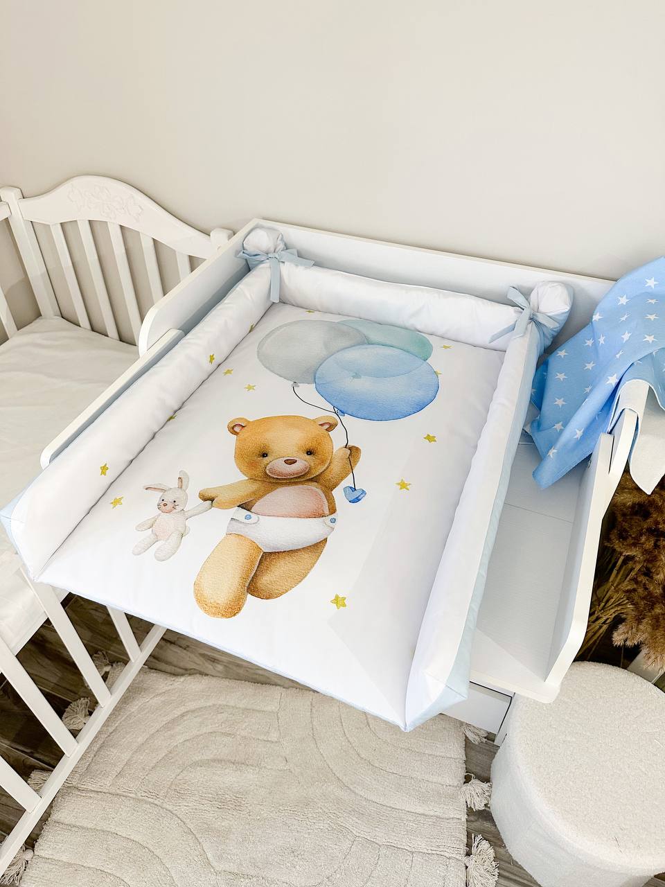 Materassino fasciatoio bimbo orsetto tenero palloncini azzurri bordi alti imbottiti cotone double face cameretta neonato