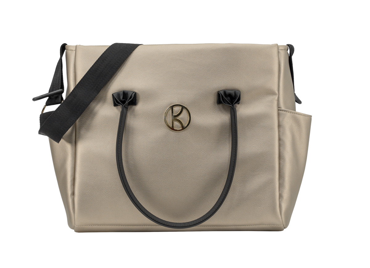 Borsa passeggino Kunert Ivento beige dorato in ecopelle, manici e tracolla neri, dettagli oro