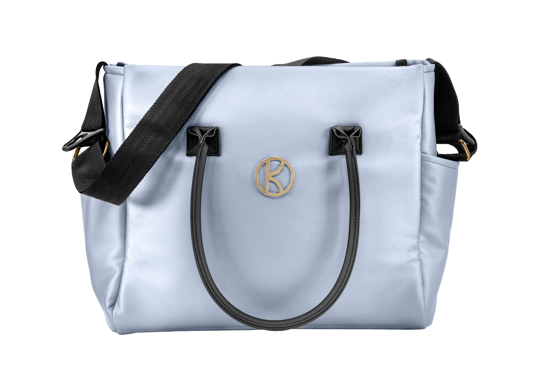 Borsa passeggino Kunert Ivento celeste metallizzato in ecopelle, manici e tracolla neri, dettagli oro