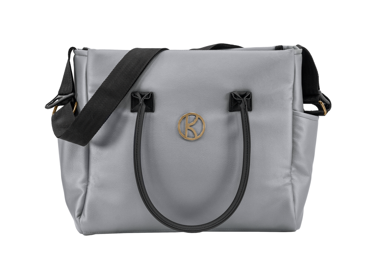 Borsa passeggino Kunert Ivento grigio metallizzato in ecopelle, manici e tracolla neri, dettagli oro