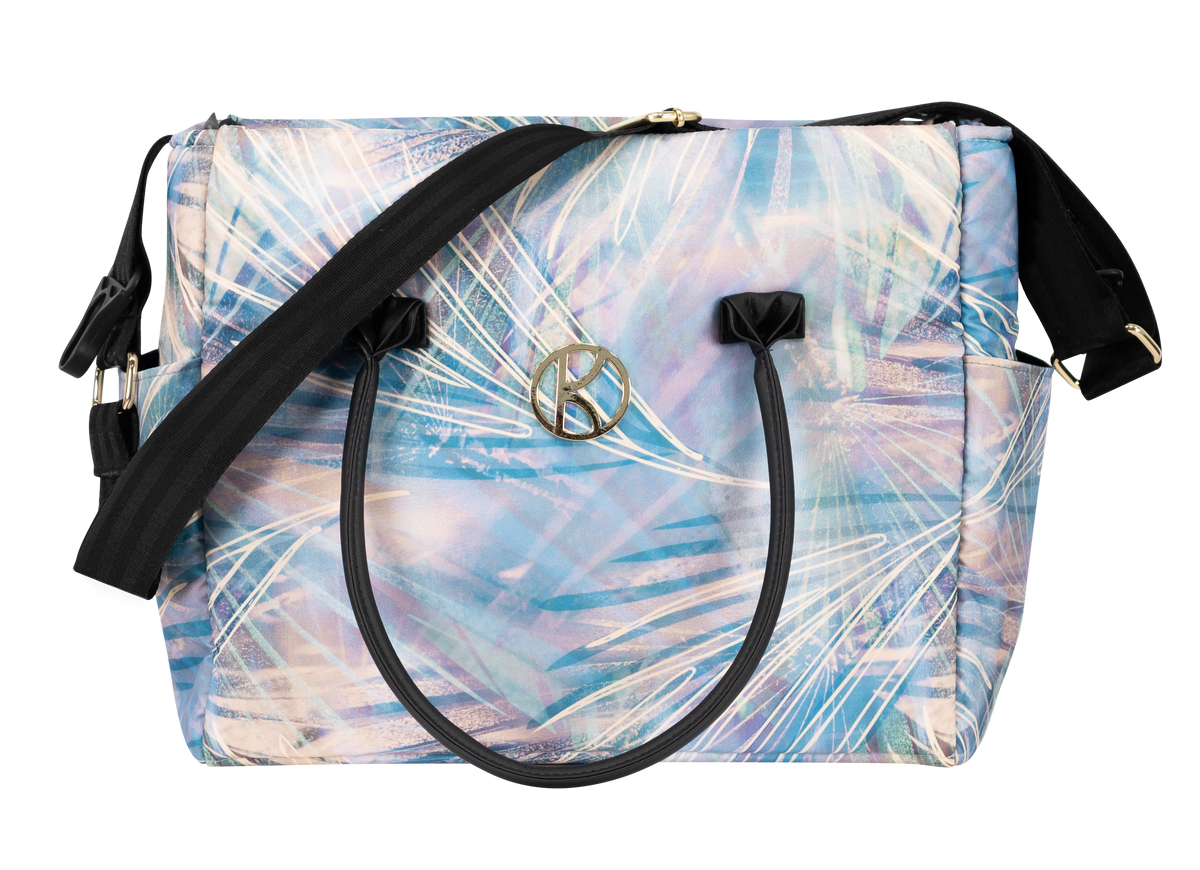 Borsa passeggino Kunert Ivento Pastel Grass – fantasia foglie azzurro rosa iridescente, manici neri e tracolla regolabile