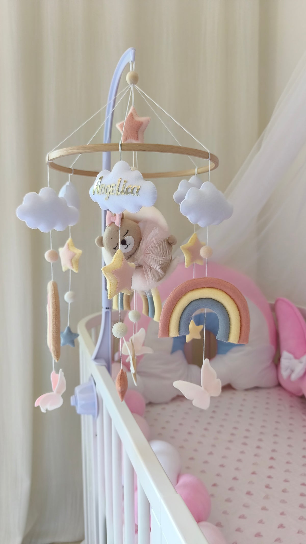 Carillon neonato mobile culla orsetta luna beige arcobaleno rosa azzurro stelle e farfalle feltro