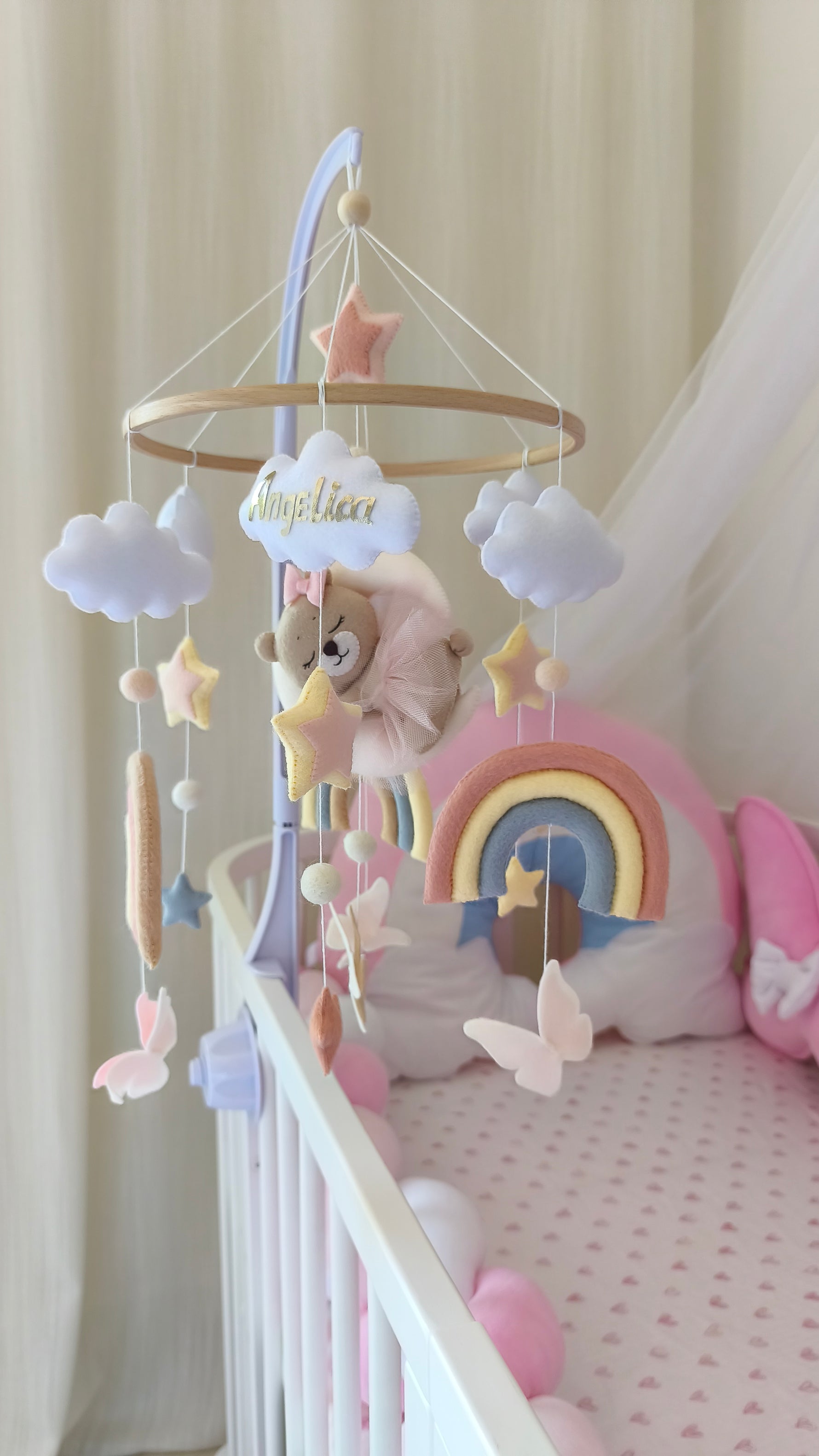 Carillon neonato mobile culla orsetta luna beige arcobaleno rosa azzurro stelle e farfalle feltro