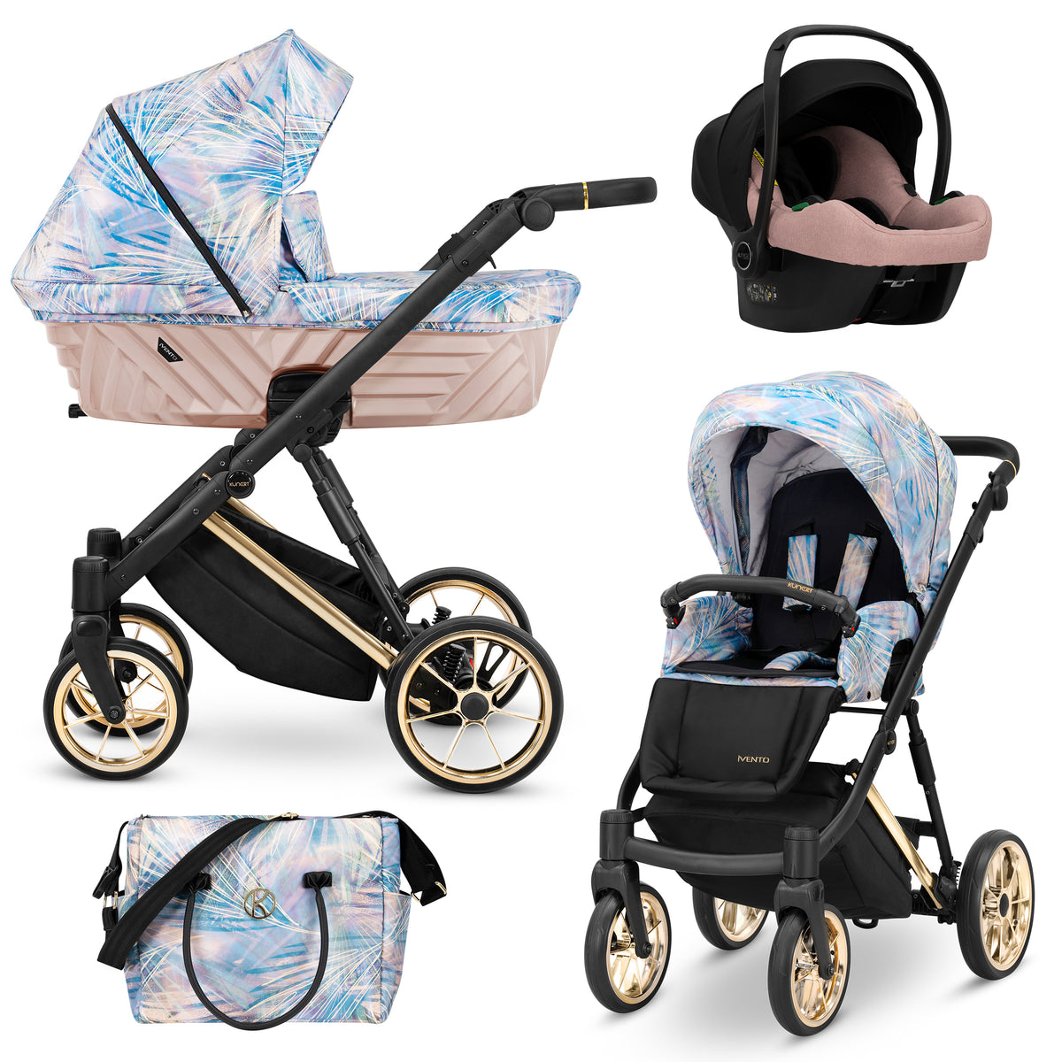 Set completo Kunert Ivento 3in1 azzurro iridescente foglie – navicella rosa pesca, seduta, seggiolino auto e borsa inclusi
