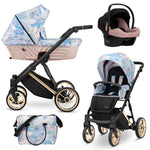 Set completo Kunert Ivento 3in1 azzurro iridescente foglie – navicella rosa pesca, seduta, seggiolino auto e borsa inclusi
