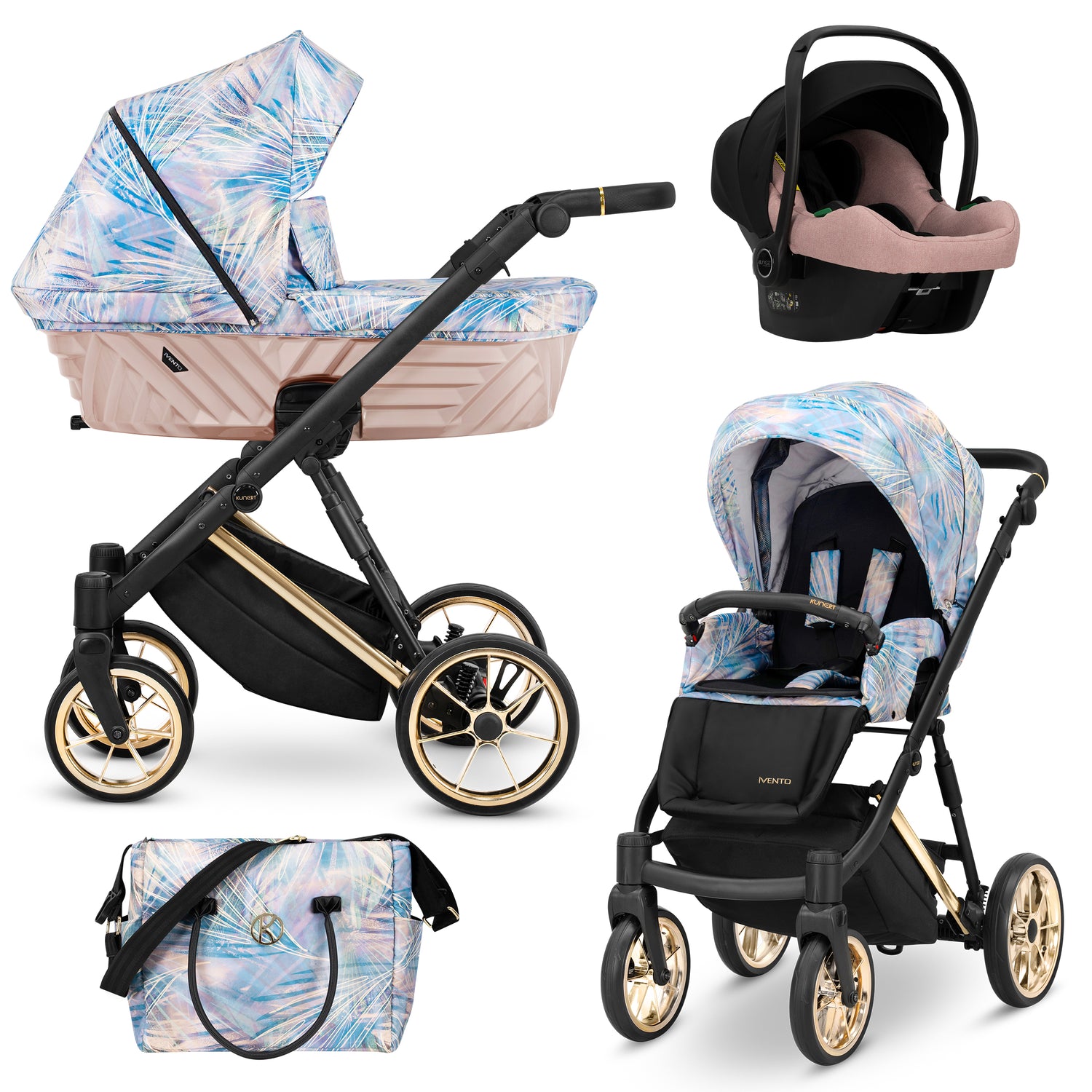 Set completo Kunert Ivento 3in1 azzurro iridescente foglie – navicella rosa pesca, seduta, seggiolino auto e borsa inclusi
