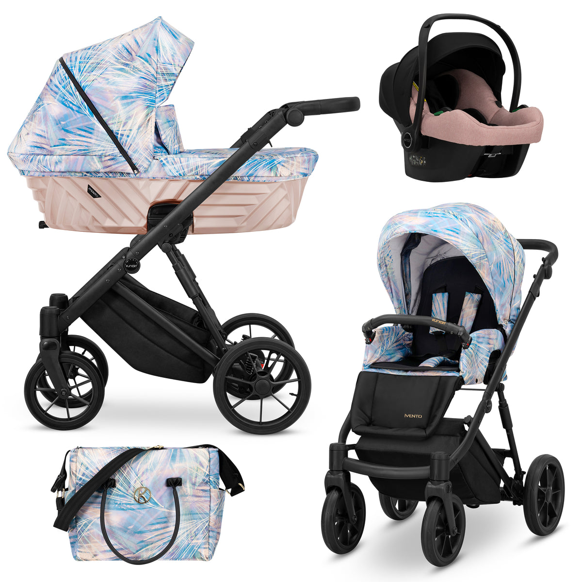 Passeggino trio Kunert Ivento Pastel Grass ruote nere – navicella rosa pesca, seduta, seggiolino auto Cosmo e borsa inclusa