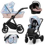 Passeggino trio Kunert Ivento Pastel Grass ruote nere – navicella rosa pesca, seduta, seggiolino auto Cosmo e borsa inclusa
