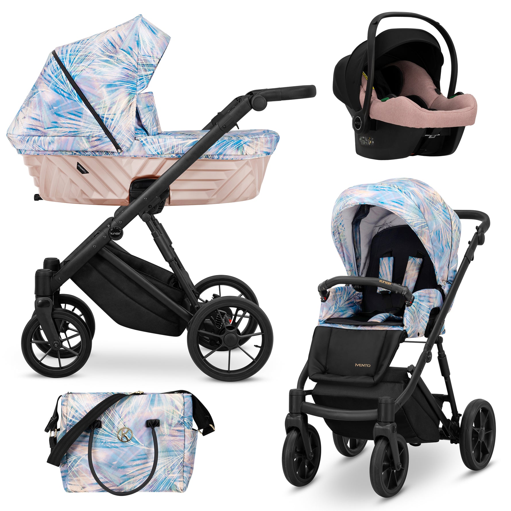 Passeggino trio Kunert Ivento Pastel Grass ruote nere – navicella rosa pesca, seduta, seggiolino auto Cosmo e borsa inclusa