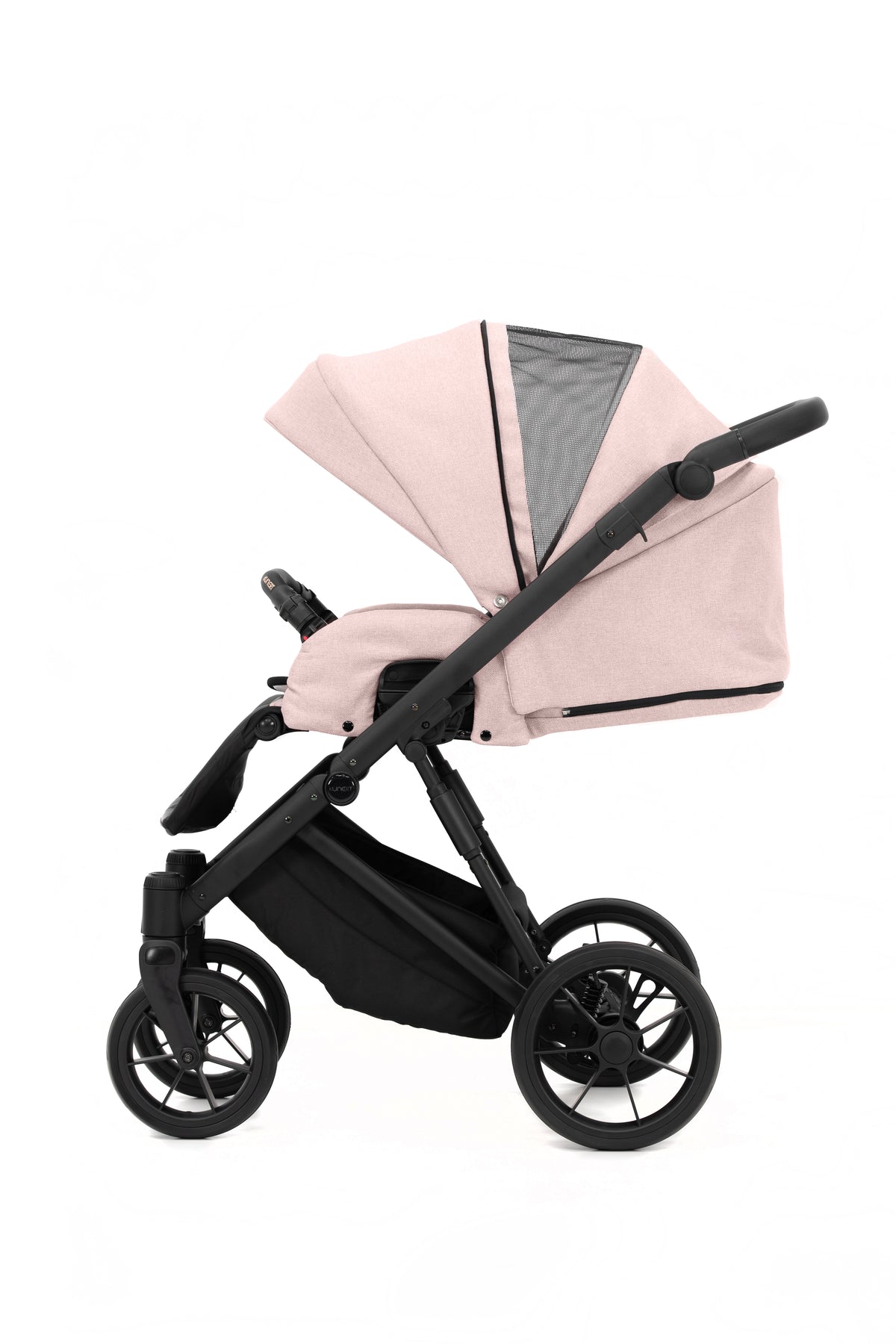 Passeggino Ivento rosa cipria con telaio nero vista laterale e cappottina con finestra mesh