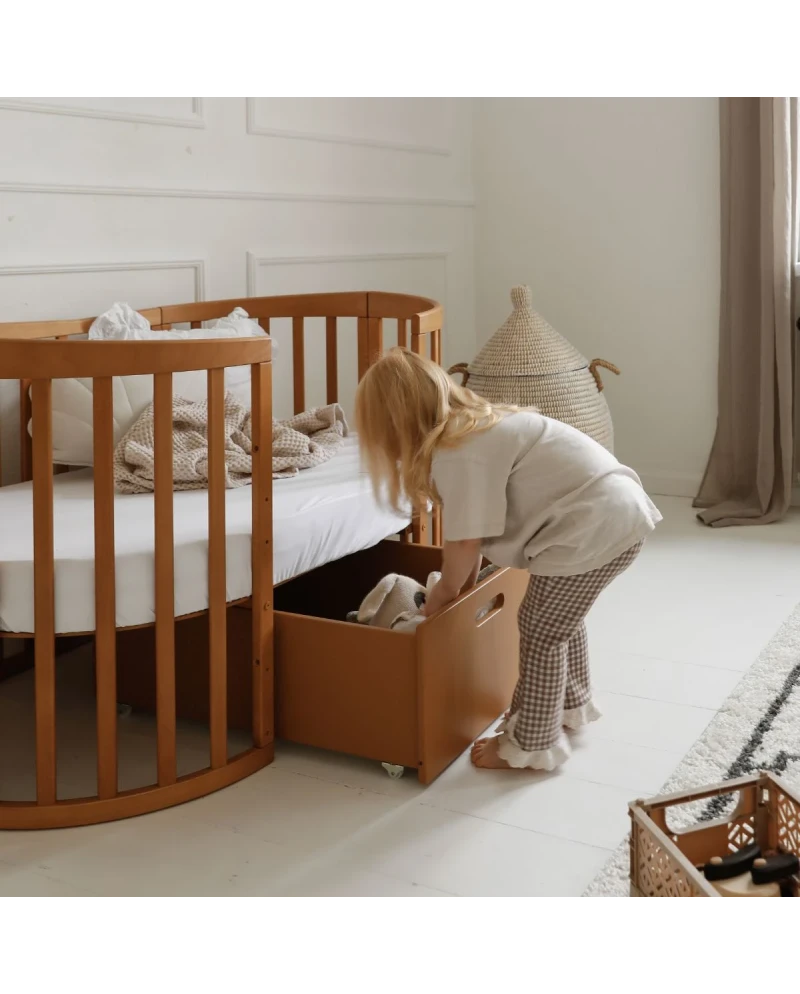 Cassetto in legno con ruote per letto evolutivo 7in1, contenitore porta giochi salvaspazio