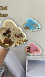 Collezione luci notturne nuvola personalizzate con nome, colori beige, azzurro e rosa, cameretta bambini