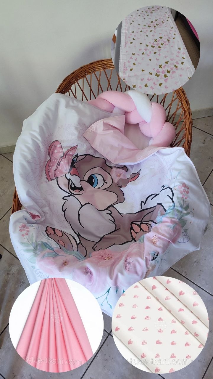 Corredino culla neonata fantasia Miss Bunny rosa – coperta cotone con cuori, treccia paracolpi e tessuto a farfalle