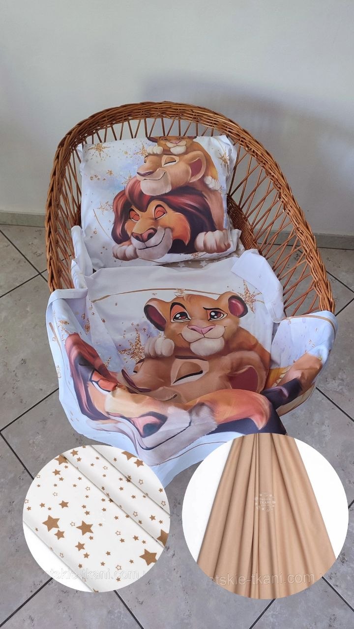 Corredino culla vimini neonato – coperta e federa Re Leone su bianco con glitter dorati, retro cotone beige sabbia
