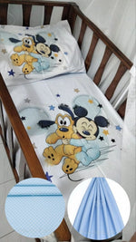 Corredino lettino bambino cotone fantasia Topolino e Pluto con stelle – coperta stampata e federa azzurro bianco