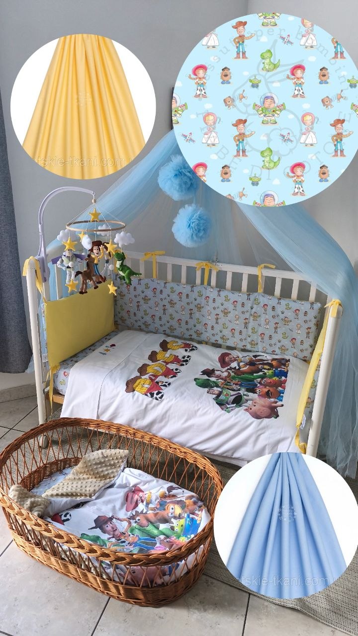 Corredino lettino e culla vimini neonato – biancheria Toy Story azzurro cielo e giallo sole