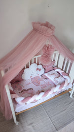Corredino lettino bimba rosa con baldacchino tulle, paracolpi treccia e cuscino nuvola – fantasia principessa ballerina