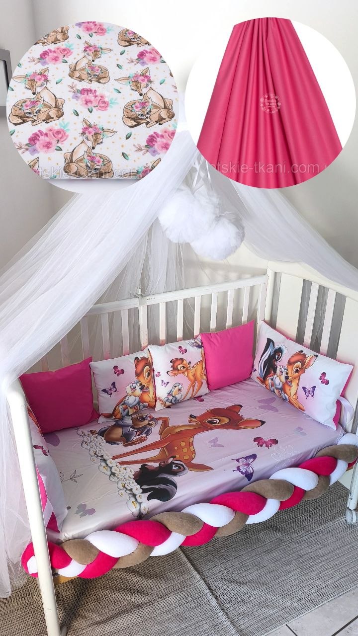 Corredino lettino bimba fantasia cerbiatto rosa fucsia – coperta stampata, paracolpi treccia e baldacchino tulle