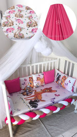 Corredino lettino bimba fantasia cerbiatto rosa fucsia – coperta stampata, paracolpi treccia e baldacchino tulle