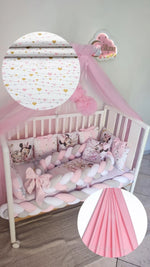 Corredino neonata Minnie Mouse – biancheria bianca cuori rosa e dorati, treccia rosa cipria grigio, cuscini e baldacchino tulle