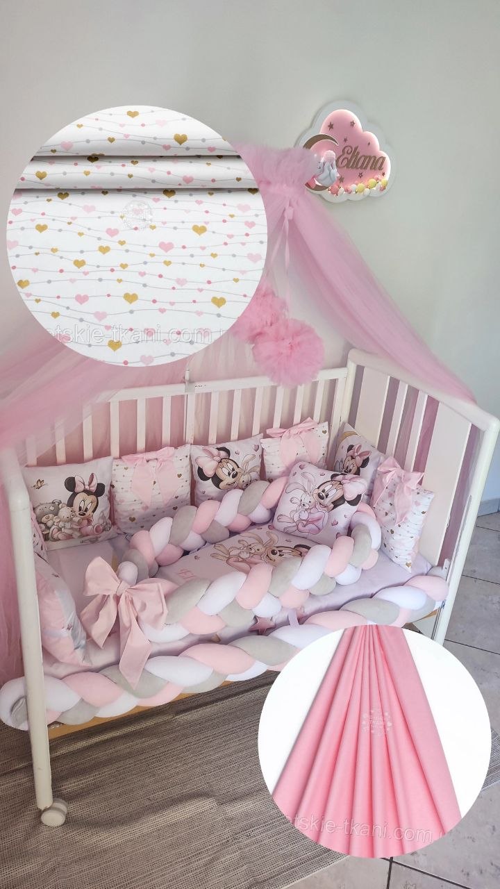 Corredino neonata Minnie Mouse – biancheria bianca cuori rosa e dorati, treccia rosa cipria grigio, cuscini e baldacchino tulle
