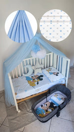 Corredino lettino e carrozzina neonato – biancheria Topolino baby azzurro, cuori bianchi, cuscini stella luna 