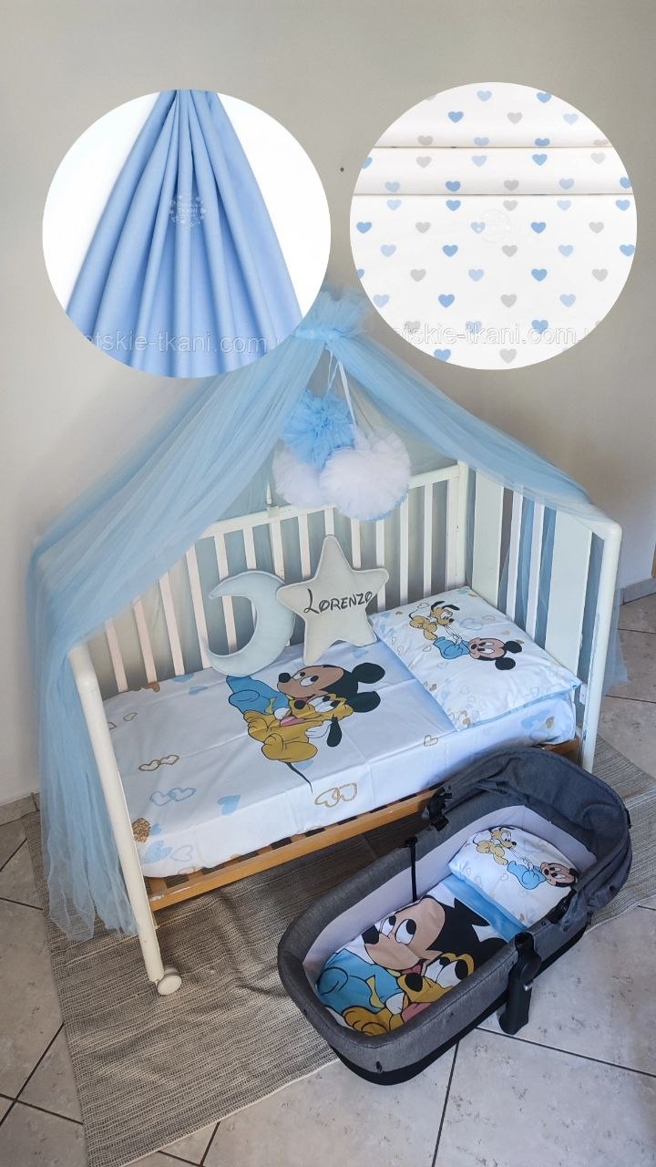 Corredino lettino e carrozzina neonato – biancheria Topolino baby azzurro, cuori bianchi, cuscini stella luna 