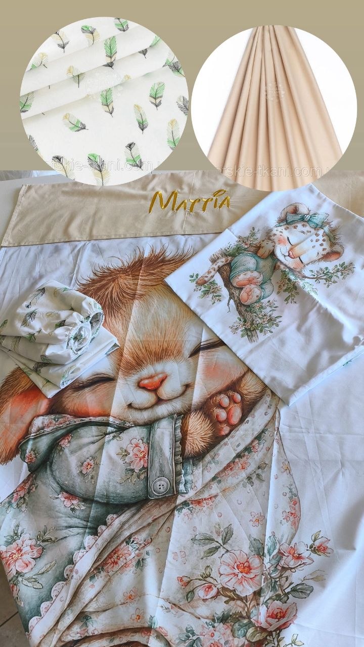 Corredino lettino neonata bianco beige sabbia – coperta coniglietta fiori rosa, federa piume e ricamo nome dorato