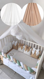 Corredino lettino neonato neutro beige bianco – paracolpi treccia menta, cuscino nuvola e cuscini con fiocchi