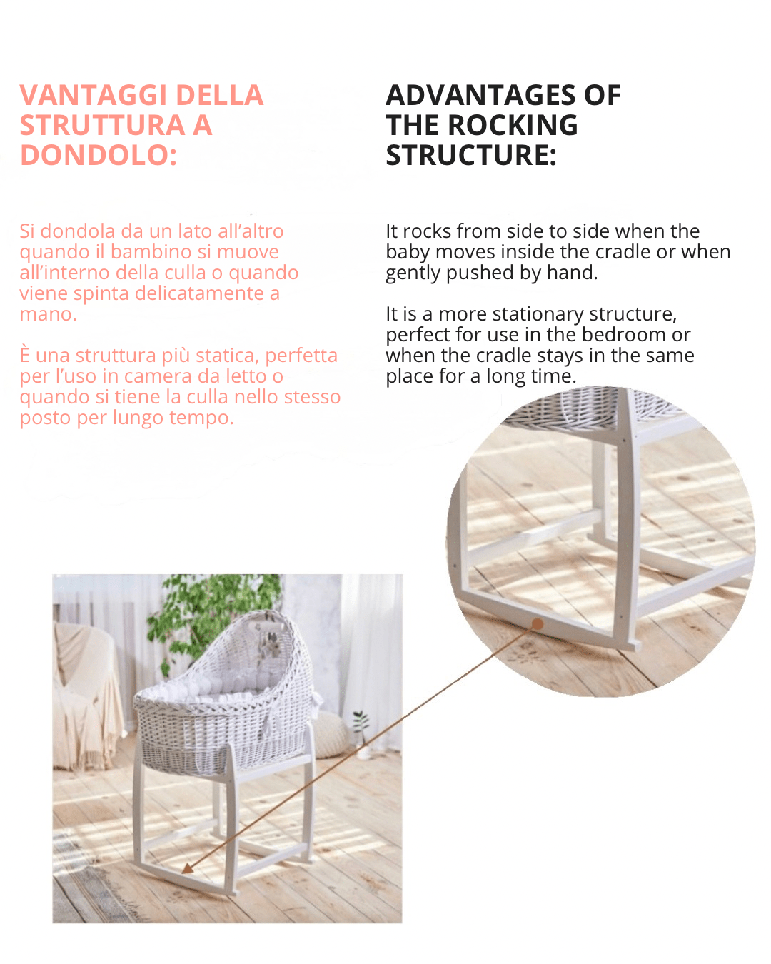 Culla in Vimini Intrecciata a Mano Tessitura Rara Senza Cappuccio – Con Ruote o Dondolo - universo del bambino