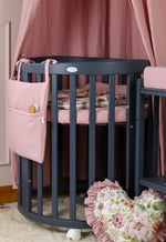 Culla ovale blu notte neonato con organizer rosa e baldacchino – lettino rotondo 7in1